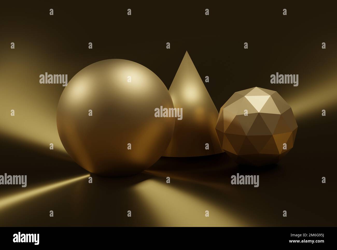 Forme geometriche 3D astratte in sfera d'oro, cono e sfera ico Foto Stock