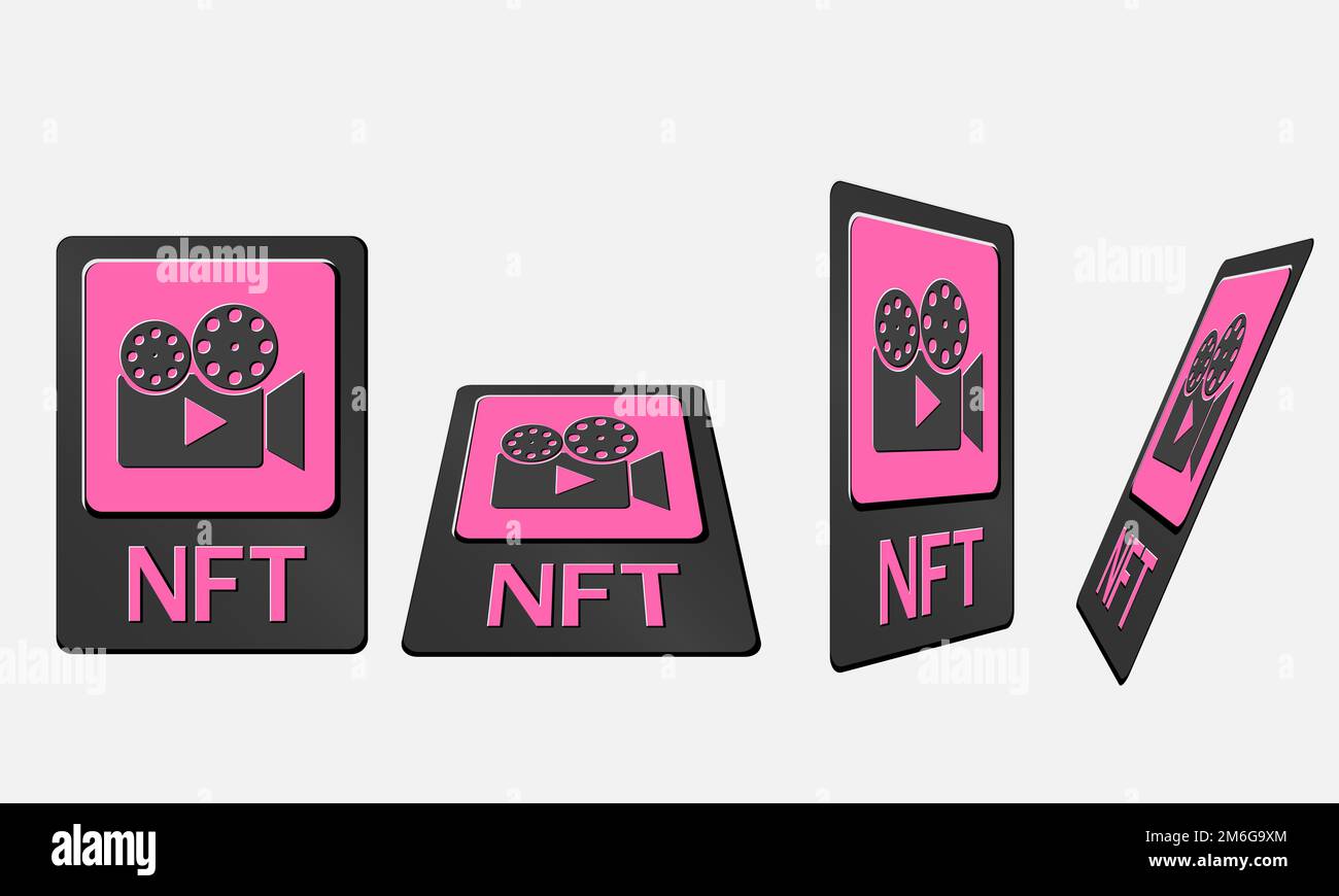 3D schede token NFT in grafica crittografica. Scheda NFT con video in prospettiva, vista dall'alto in vista isometrica e frontale. Token non fungibile con informazioni Illustrazione Vettoriale
