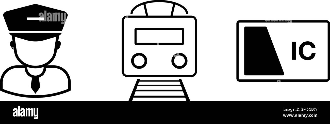 Set di icone Conductor, Train e scheda IC. Set di icone trasporto ferroviario. Vettore modificabile. Illustrazione Vettoriale