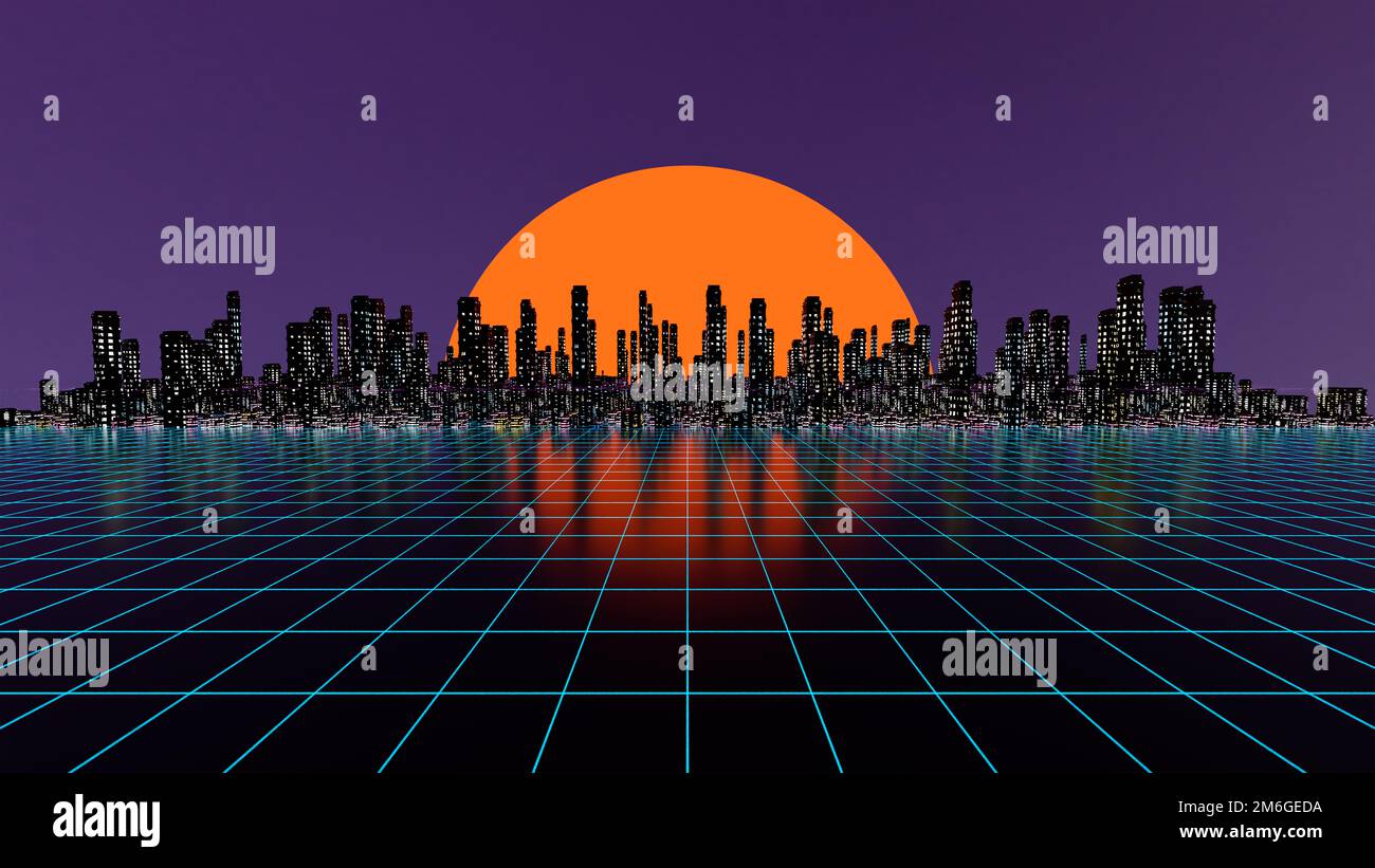 Vaporwave cyberpank città sfondo. Illustrazione 3D, rendering 3D. Foto Stock