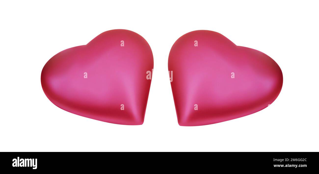 Due cuori rosa 3D isolati su sfondo bianco, simbolo dell'amore e del giorno di San Valentino Foto Stock