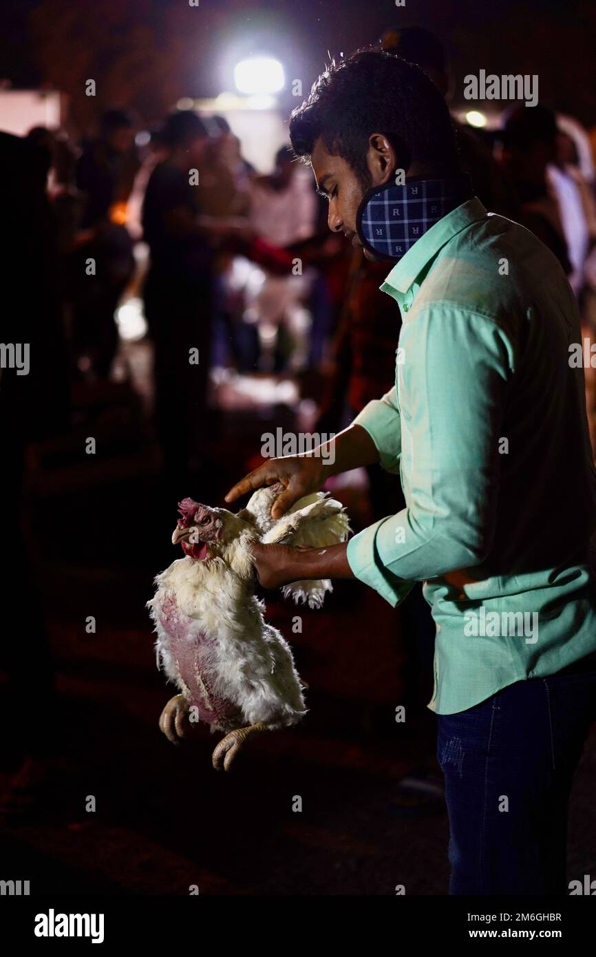 Foto scattata su un mercato serale di omani. La persona sta valutando per vendere il pollo. Il metodo sembra brutalmente ma è comune per la regione. Foto Stock