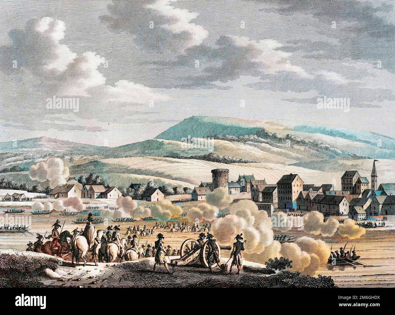 Guerre de la Revolution Francaise et mougements contre revolutnaire : Les Troupes Francaise passant le Rhin a Dusseldorf en Allemagne, le 20 Fructidor an III (6 settembre 1795). Foto Stock