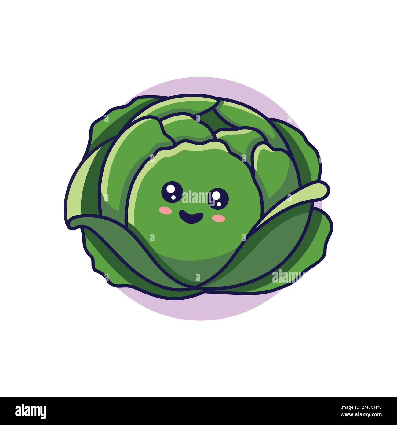 Carina illustrazione dell'icona del cartone animato Kawaii Cabbage. Concetto di icona piatto di cibo e verdura isolato su sfondo bianco. Personaggio di cavolo, mascotte in stile Doodle. Stampa per abbigliamento bambini. Illustrazione Vettoriale