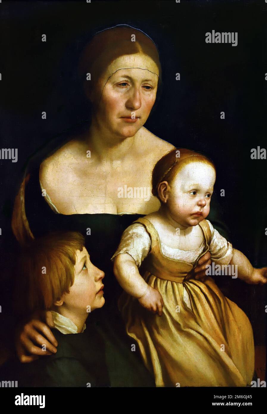 Ritratto della moglie dell'Atrista con due figli anziani 1528 di Hans Holbein (il giovane) 1497-1543, Germania tedesca Foto Stock