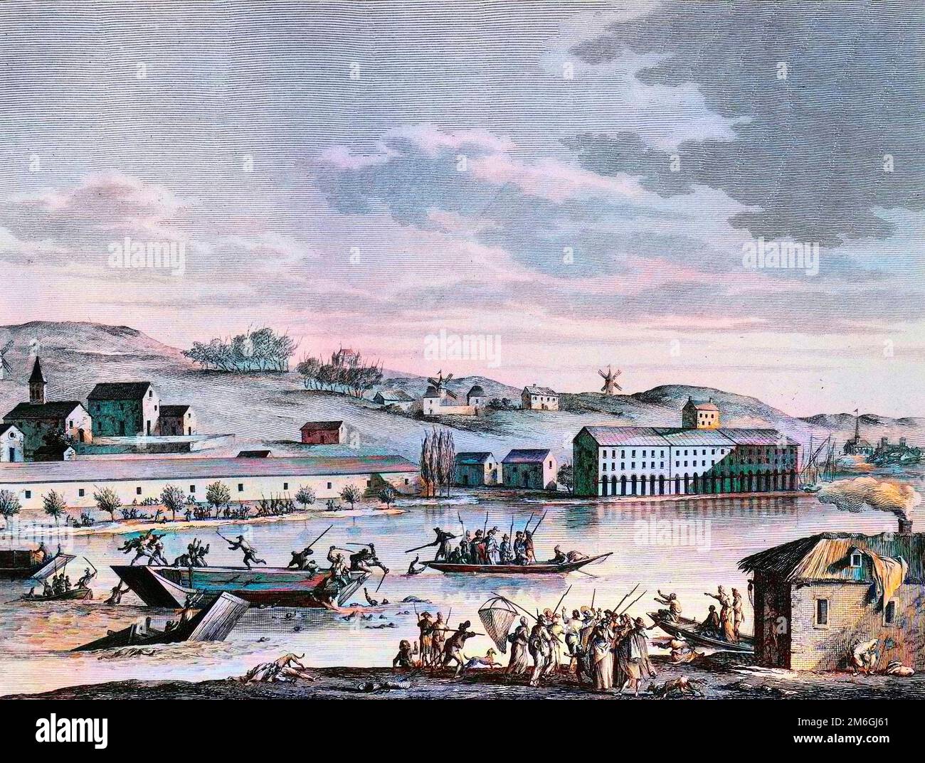 Le annegazioni a Nantes - il Regno del terrore - Revolution francaise et moudemements contre revolennaire : les noyades a Nantes durant la Terreur (1793 - 1794) durant laquelle les republicains noyaient dans la Loire les personnes supectes d'etre anti-revolutionnaires par ordre de Jean Baptiste Carrier (1756-1794). Foto Stock