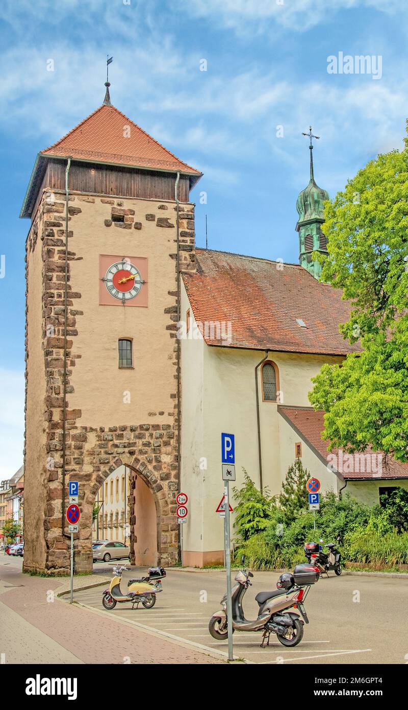 Bickentor con St. Cappella del monastero di Ursula, Villingen Foto Stock