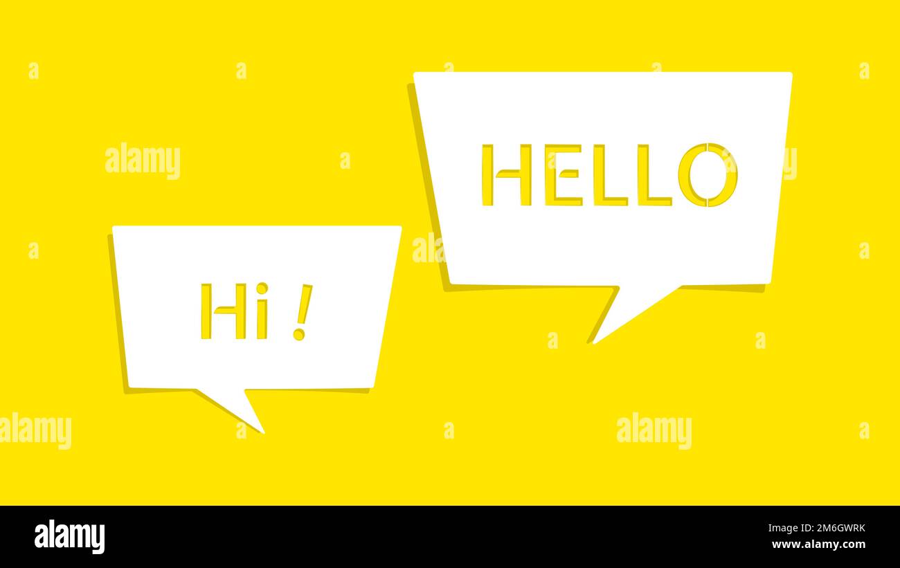 Ciao messaggio su cutout white paper bolla di discorso su sfondo giallo. Illustrazione vettoriale Illustrazione Vettoriale