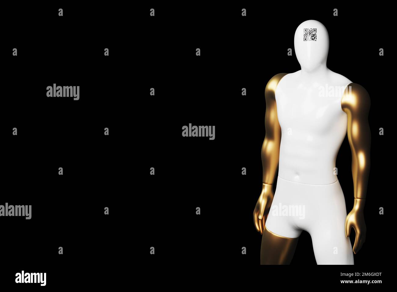 Un manichino bianco. con codice qr sulla fronte. Si trova su uno sfondo nero. Rendering 3D. Foto Stock