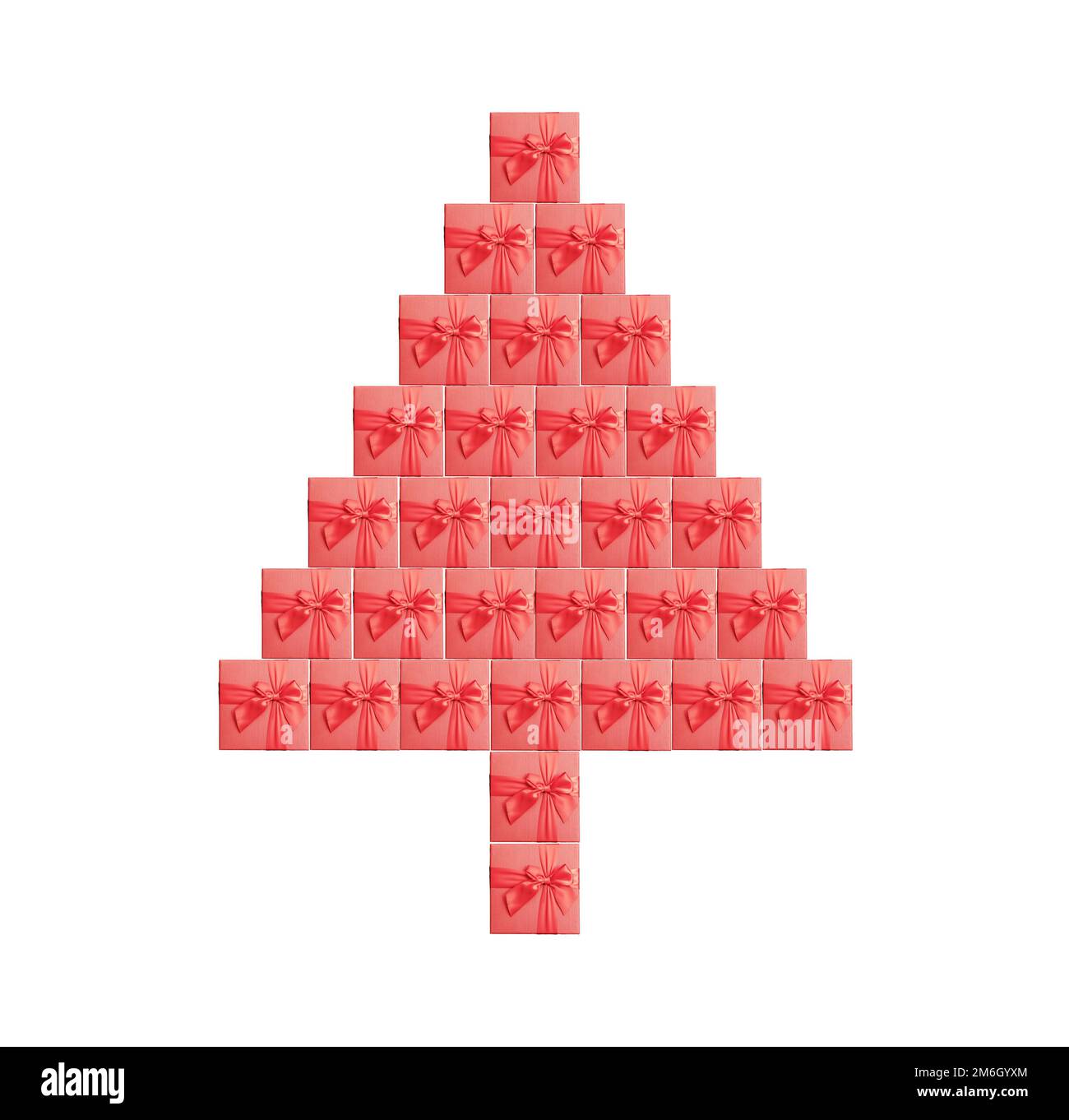 Silhouette di un albero di Natale fatto di scatole regalo rosse. Isolato, sfondo bianco. Rendering 3D Foto Stock