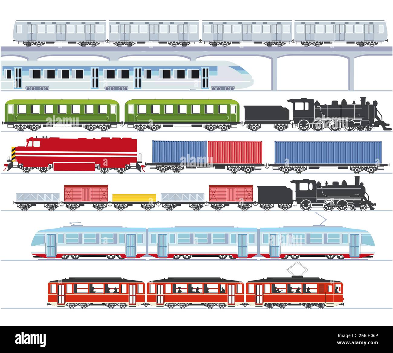 Set di moderni treni passeggeri, trasporto in metropolitana, treni ad alta velocità e metropolitana, tram, cargo tr Foto Stock