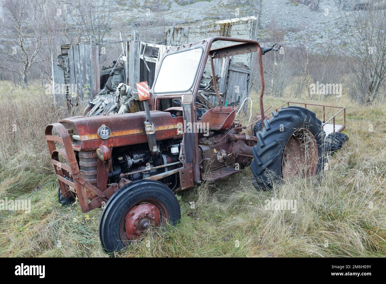 Vecchio trattore arrugginito si trova su un prato Foto Stock