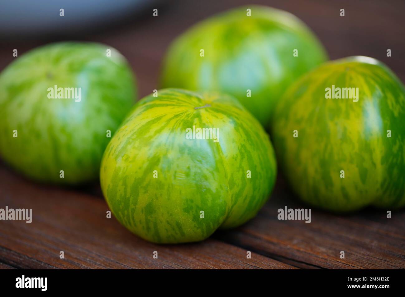 Pomodori, pomodori verdi e rossi (Solanum lycopersicum), Zebra verde, varietà speciali di pomodori, sani, ortaggi, vegetariano, fotografia alimentare Foto Stock