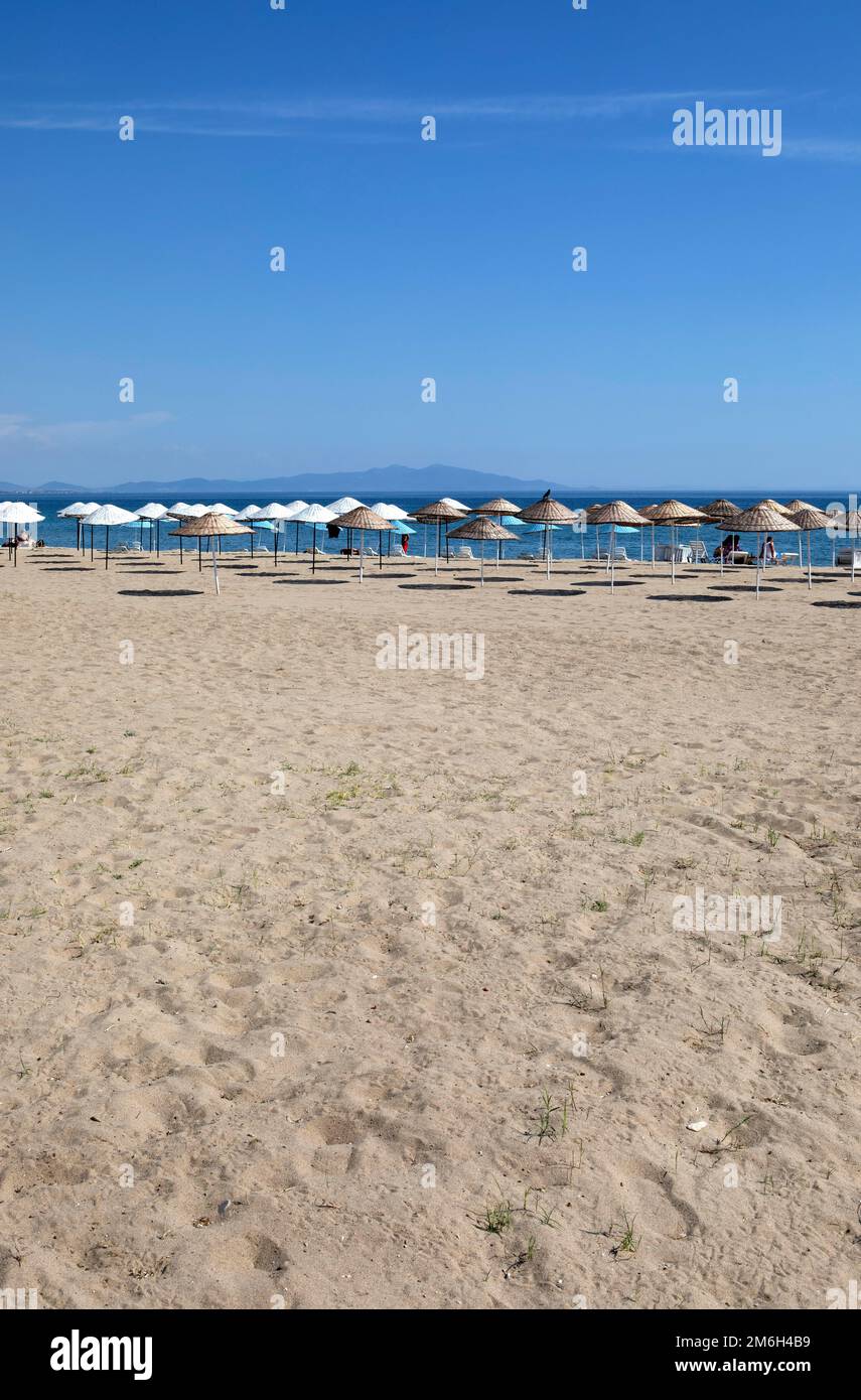 Ombrelloni di paglia sulla spiaggia di sabbia sul Mar Egeo, Sarimsakli Plaji, Ayvalik, provincia di Balikesir, Turchia Foto Stock