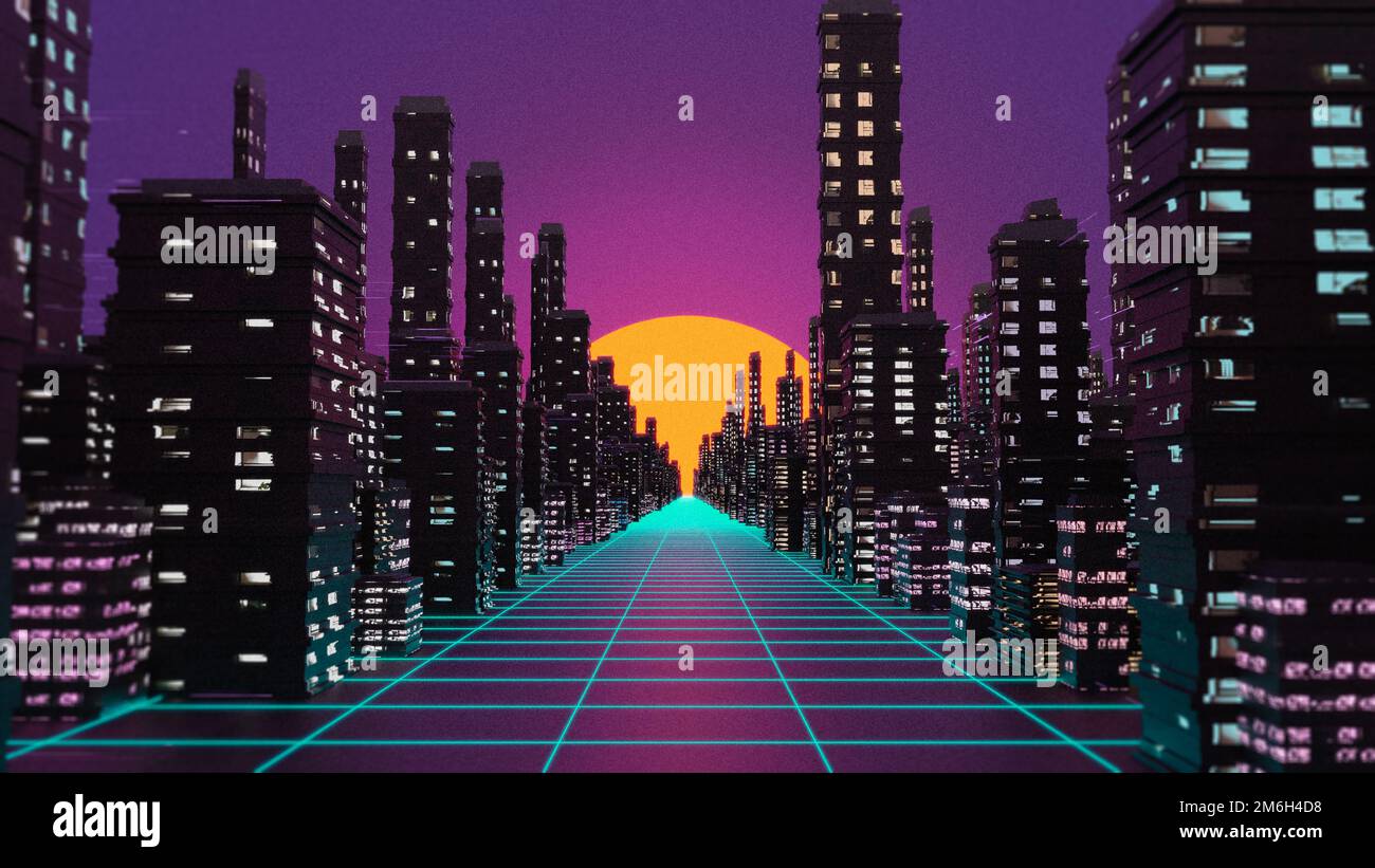 Vaporwave cyberpank città sfondo. Illustrazione 3D, rendering 3D. Foto Stock