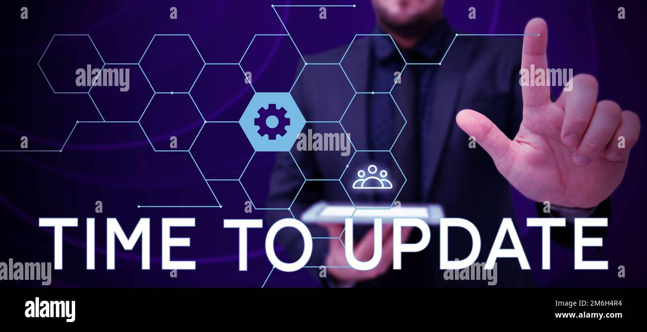 Tempo di aggiornamento delle didascalie concettuali. Parola scritta sulle ultime informazioni su una particolare situazione Foto Stock