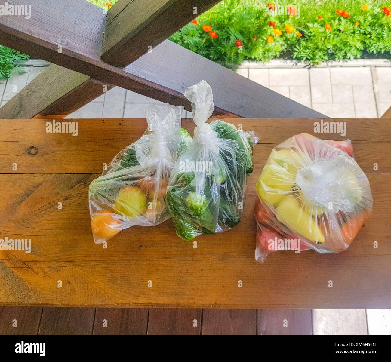 Cetrioli freschi, pomodori, peperoni dolci in sacchetto di plastica, raccolto dal giardino di casa, per la vendita al mercato agricolo. Salute Foto Stock