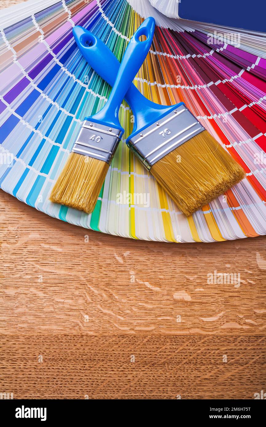 Spazzole di vernice su pantone guida alla costruzione della tavolozza dei colori Foto Stock