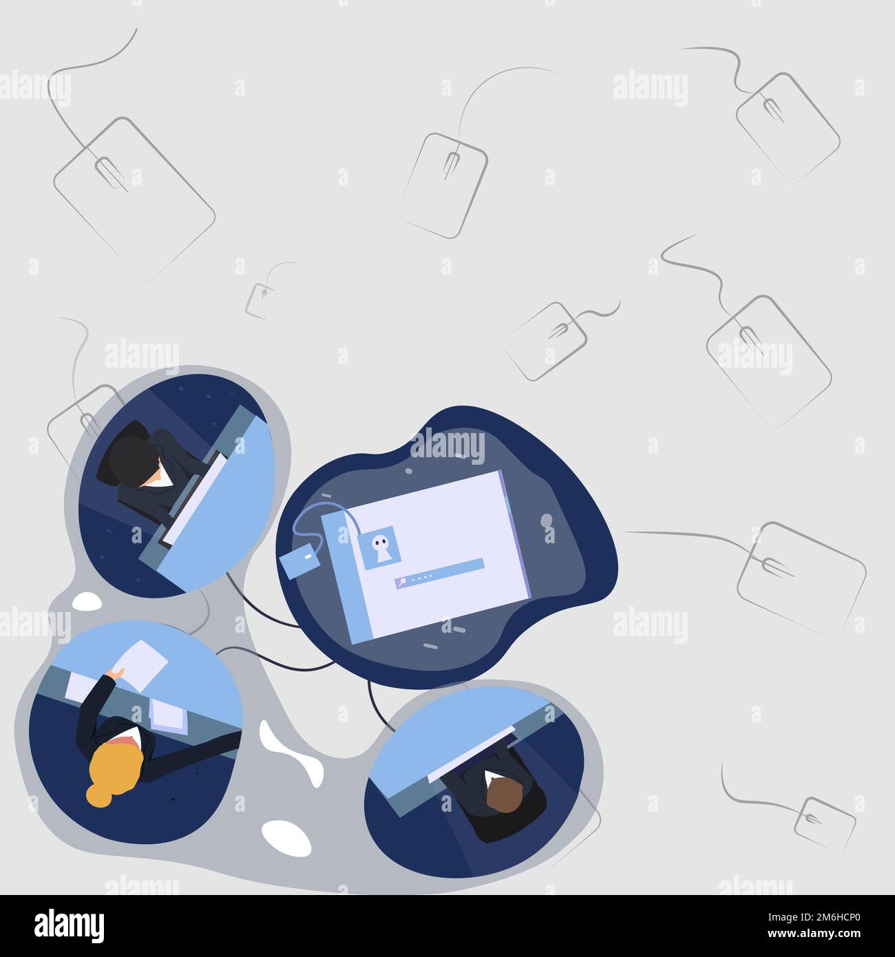 Tre colleghi che hanno riunione di ufficio che condividono i pensieri che presentano insieme le idee più recenti del piano di progetto. Partner che discutono di Futur Foto Stock