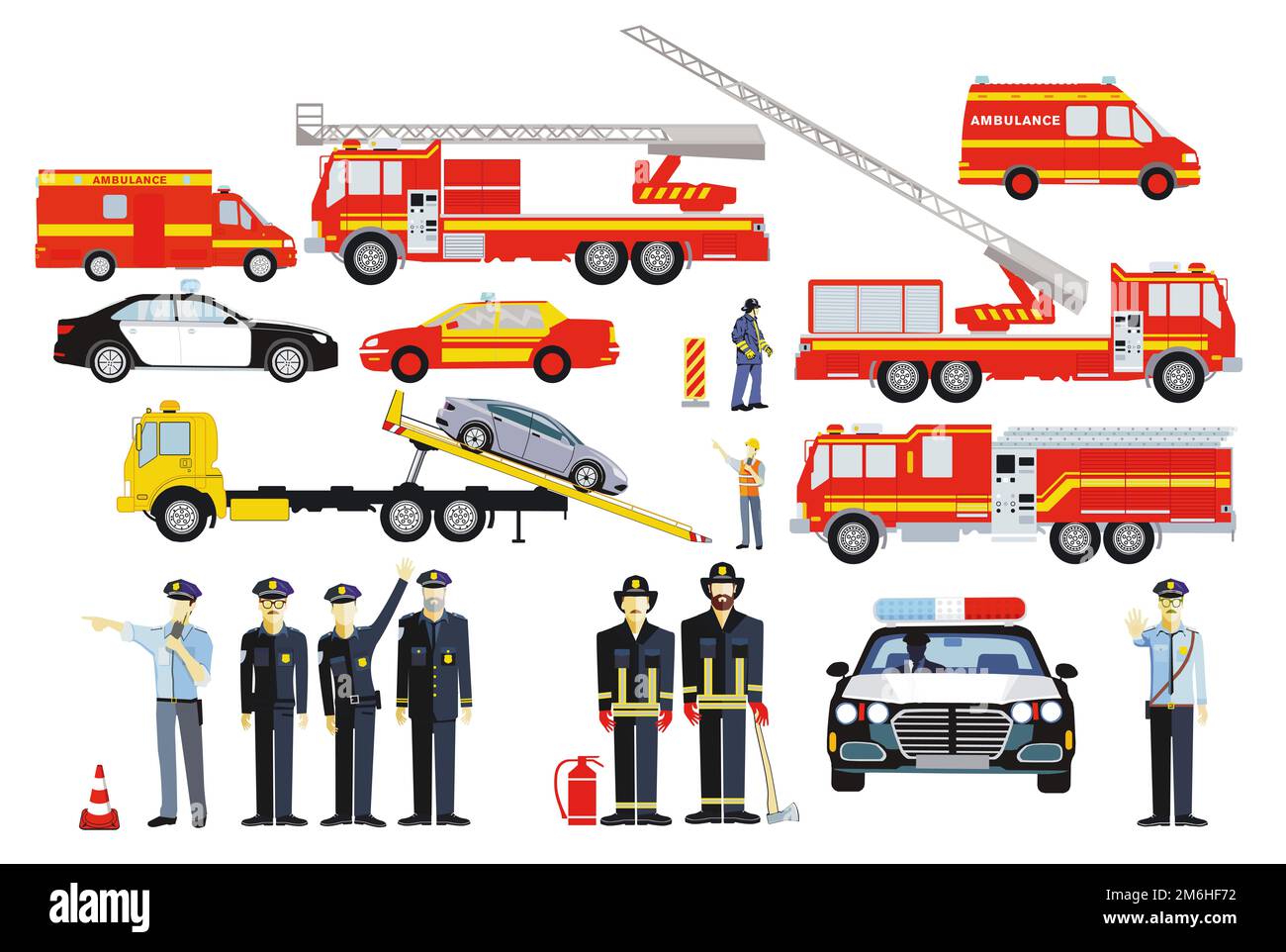 Operazioni di vigili del fuoco e operazioni di polizia con vigili del fuoco e agenti di polizia, illustrazione isol Foto Stock
