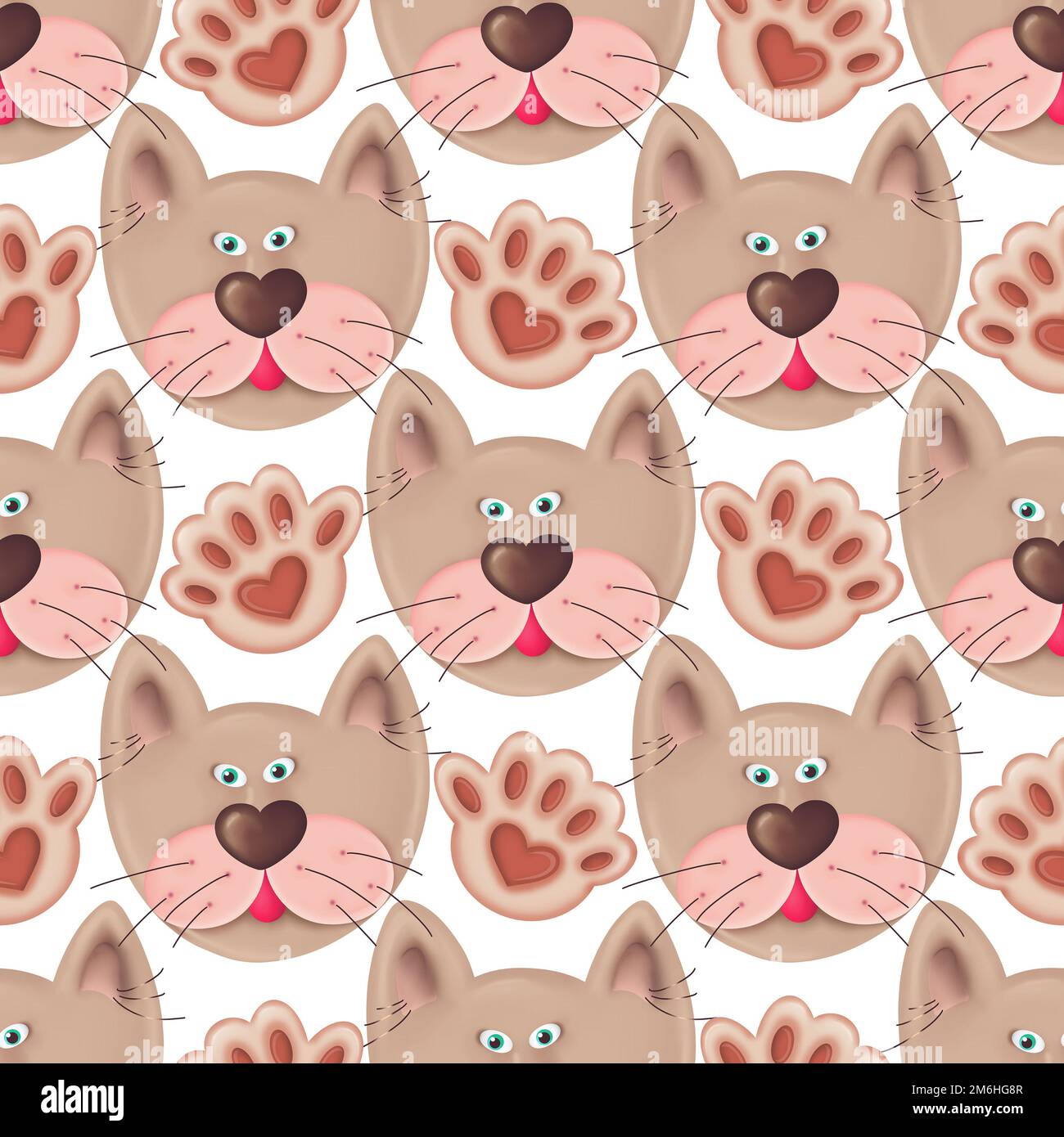 Modello senza cuciture con teste di gatto e zampe Foto Stock