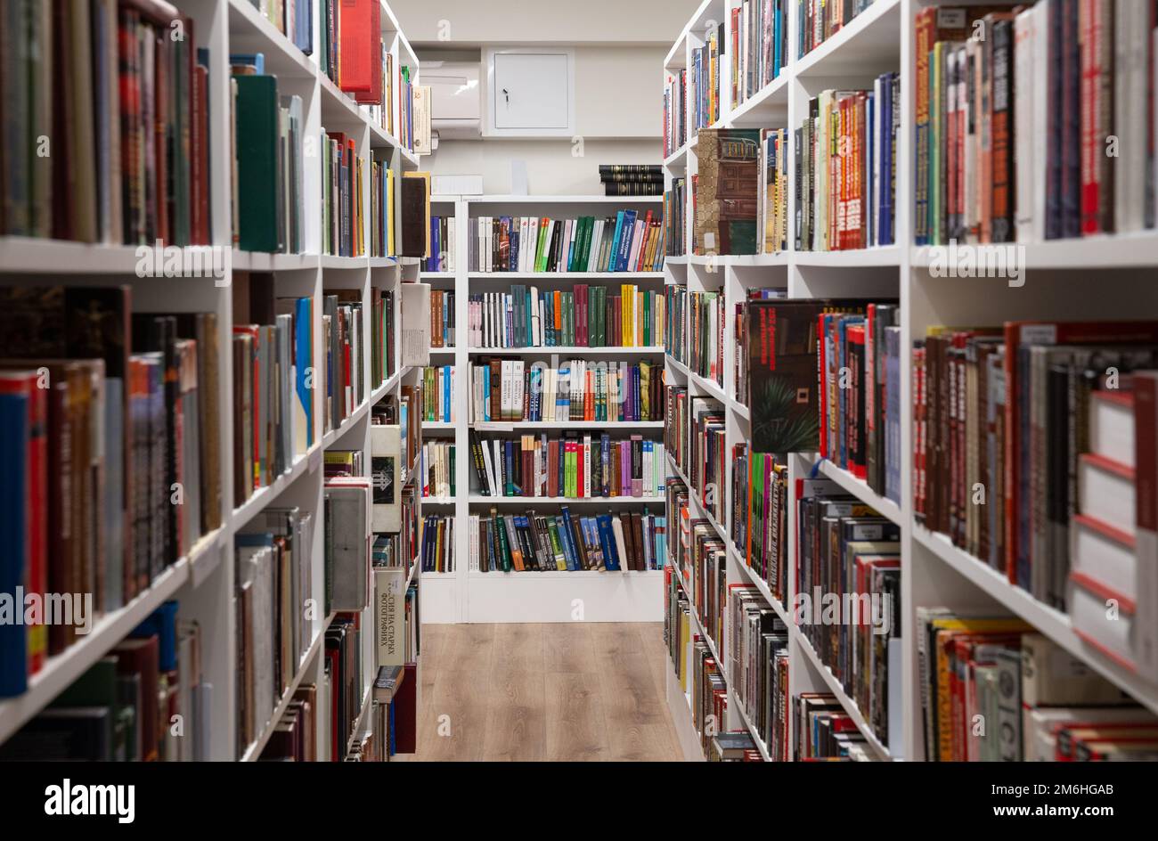St Petersburg, Russia - 23 novembre 2022: Biblioteca pubblica Mayakovsky, scaffali con libri nella sala di lettura Foto Stock