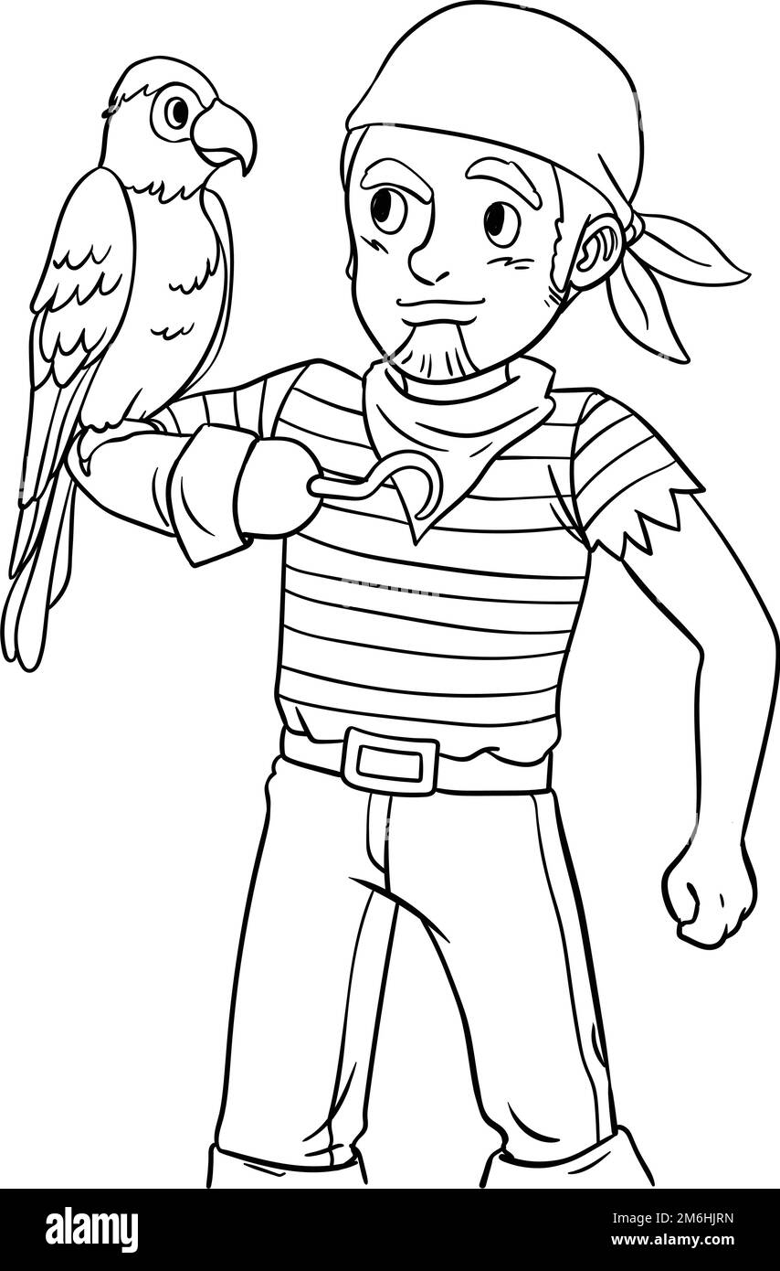 Pirata con Macaw isolato colorazione pagina per bambini Illustrazione Vettoriale
