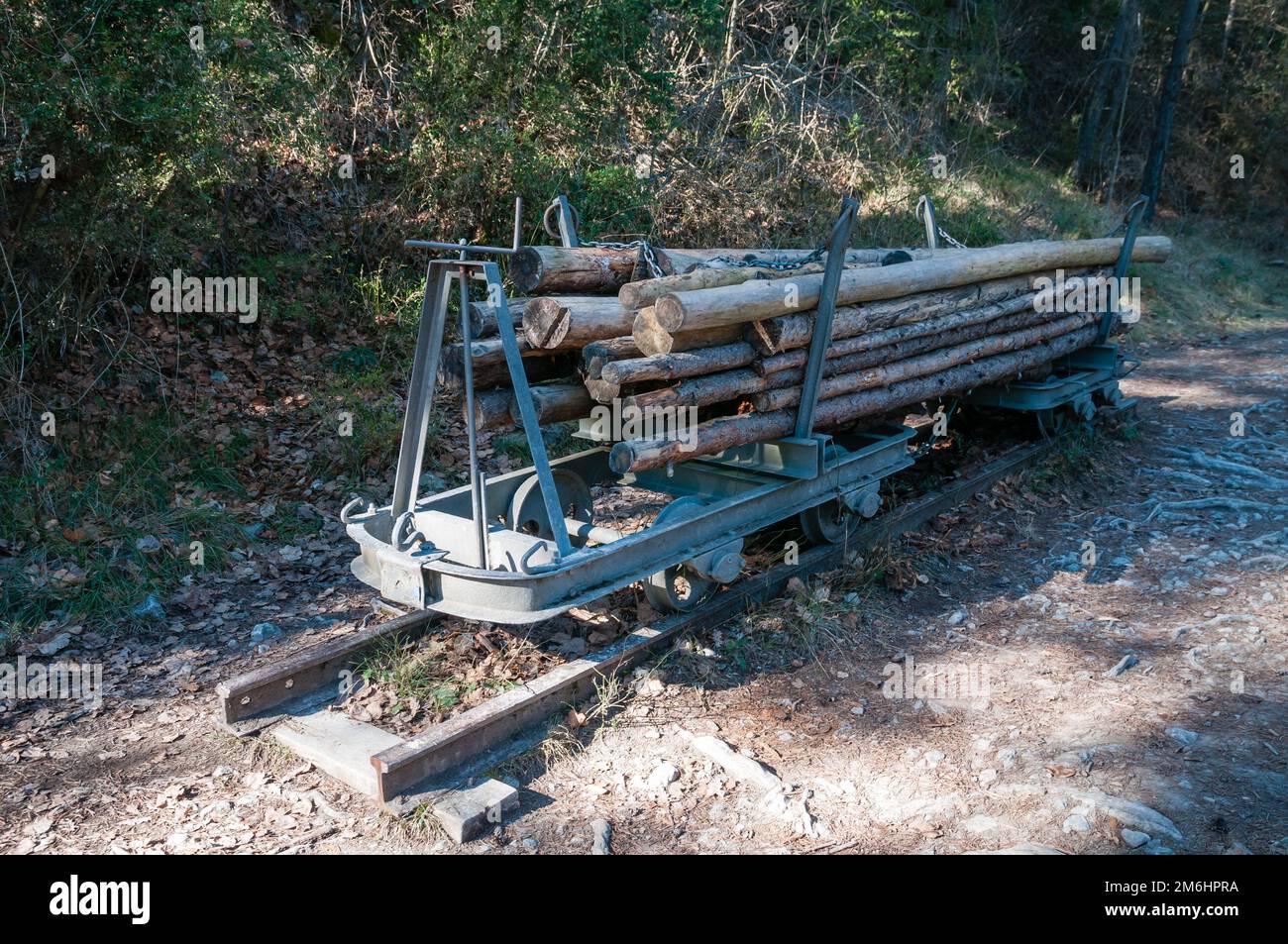 Vecchio vagone ferroviario con un carico di tronchi in un percorso di trekking, Bagà, Catalogna, Spagna Foto Stock