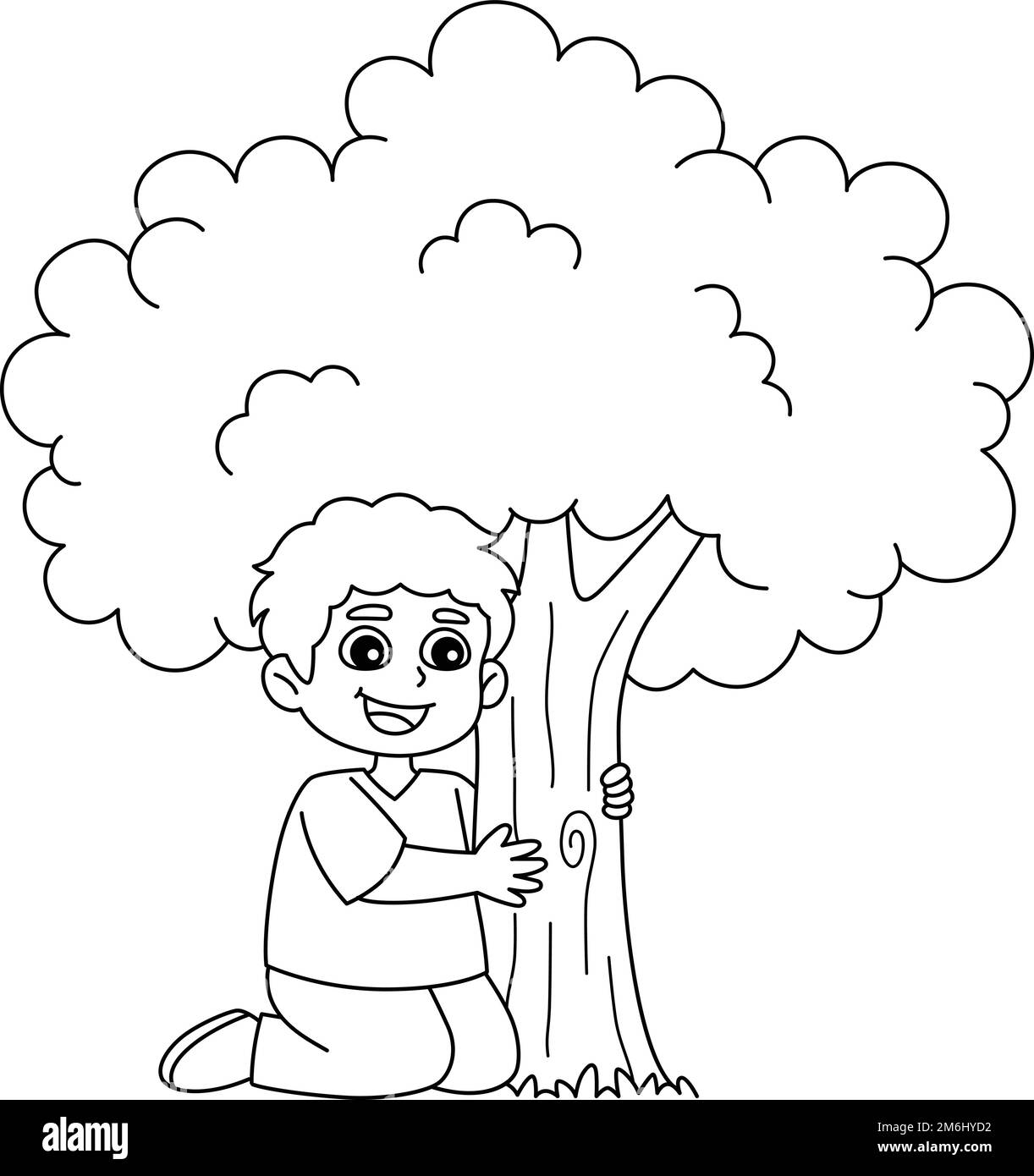 Ragazzo che abbraccia un albero isolato colorazione pagina per i bambini Illustrazione Vettoriale