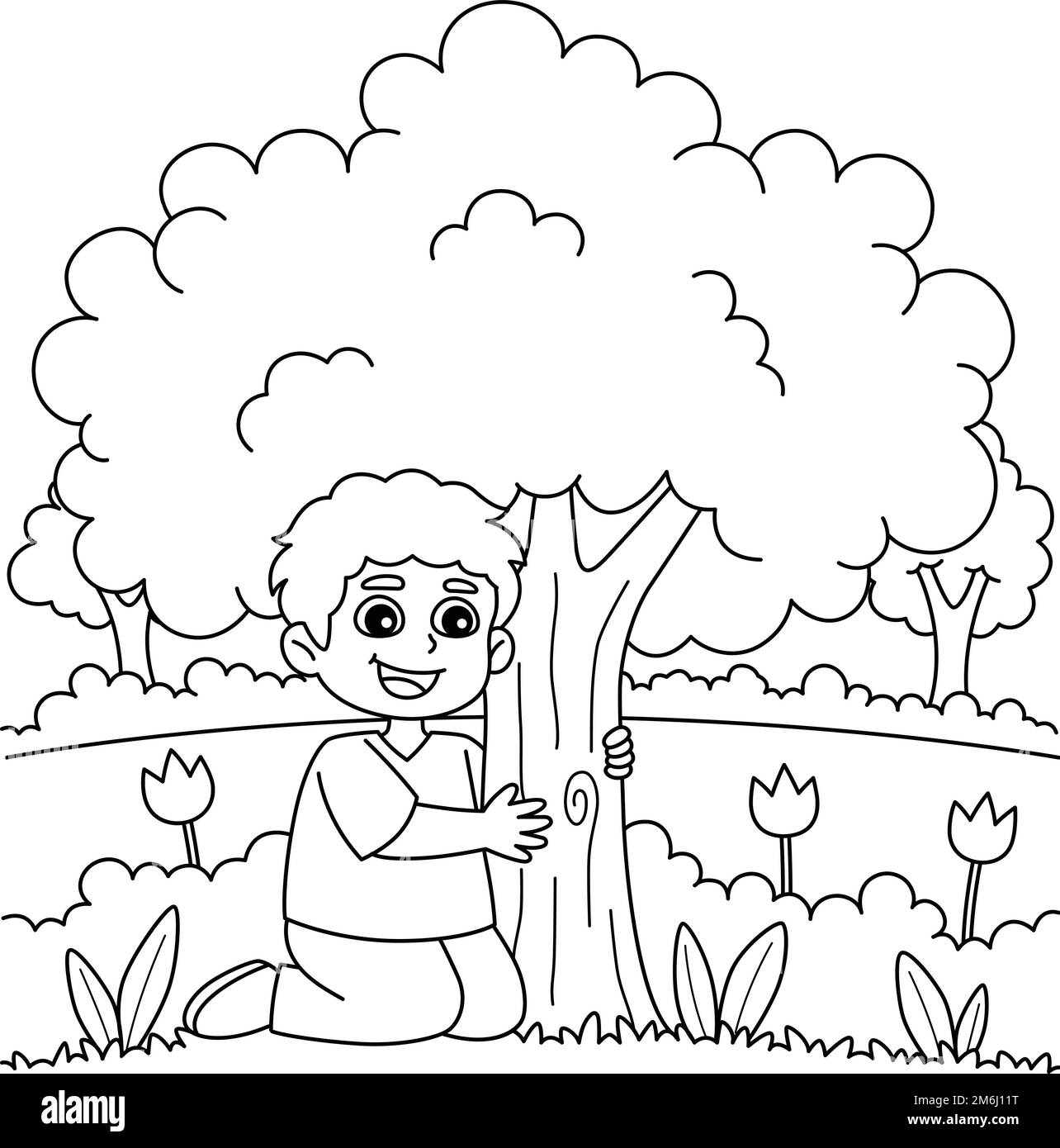 Ragazzo che abbraccia una pagina da colorare dell'albero per i capretti Illustrazione Vettoriale