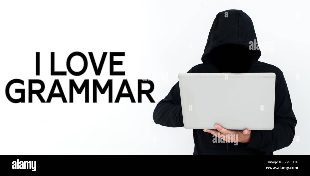 Didascalia di testo che presenta i Love Grammar. Concetto che significa atto di ammirazione del sistema e della struttura del linguaggio Foto Stock
