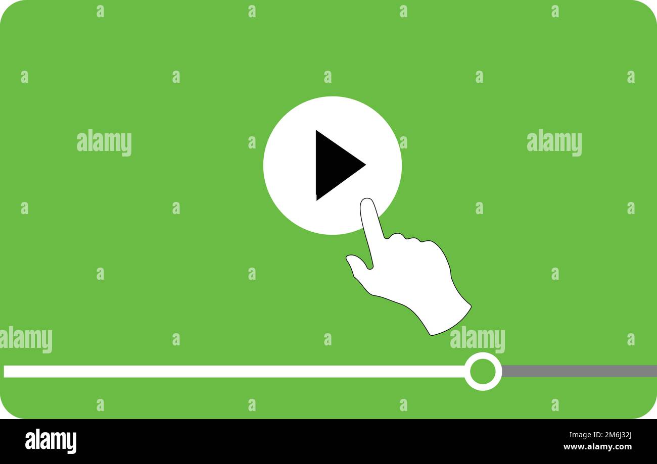 Forma del lettore video multimediale con un cursore a mano che preme un pulsante di riproduzione, isolato su sfondo verde del tasto croma. Trasmissione vettore pittogramma illu Illustrazione Vettoriale