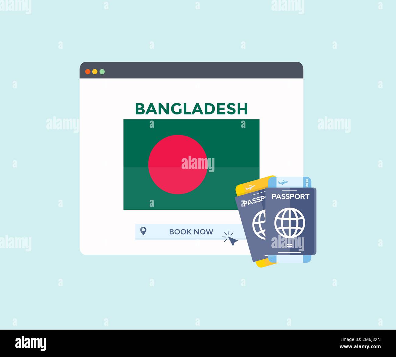 Servizio di prenotazione online sul sito web browser, viaggio, pianificazione di viaggio paese Bangladesh National flag logo design. Prenotazione online di biglietti aerei. Illustrazione Vettoriale