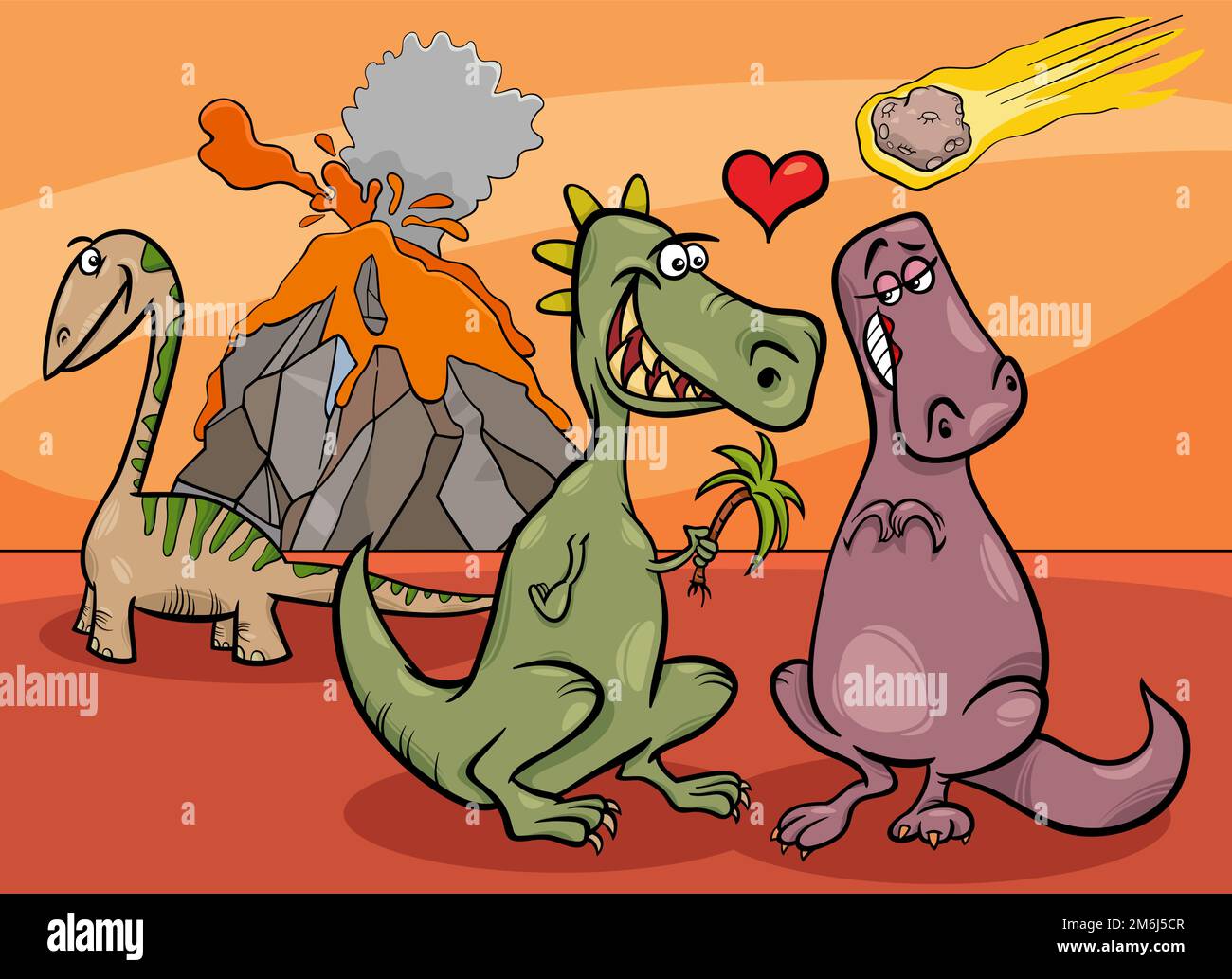 Illustrazione dei fumetti dei personaggi divertenti dei dinosauri innamorati durante il disastro di caduta del meteorite Illustrazione Vettoriale