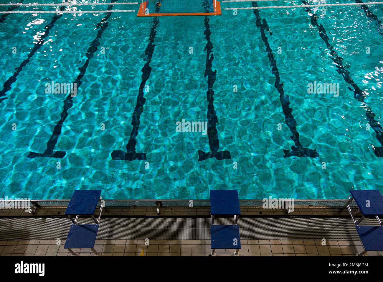 Obiettivo polo acquatico. I cancelli del polo galleggiano sull'acqua in piscina con vie Foto Stock