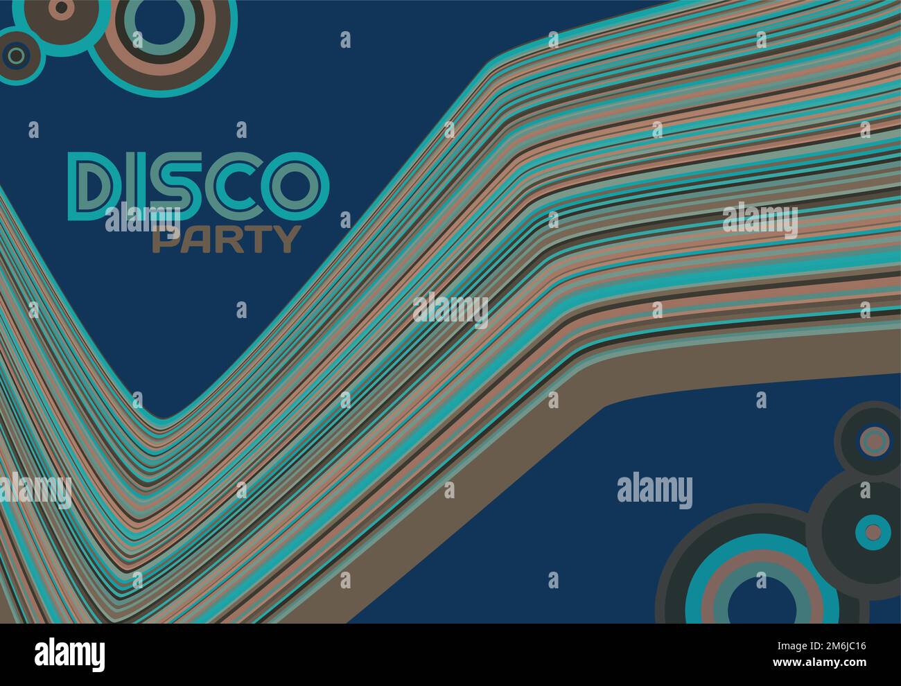 Modello di volantino per le feste in discoteca con righe curve e cerchi su sfondo blu scuro. Layout vettoriale grafico Illustrazione Vettoriale