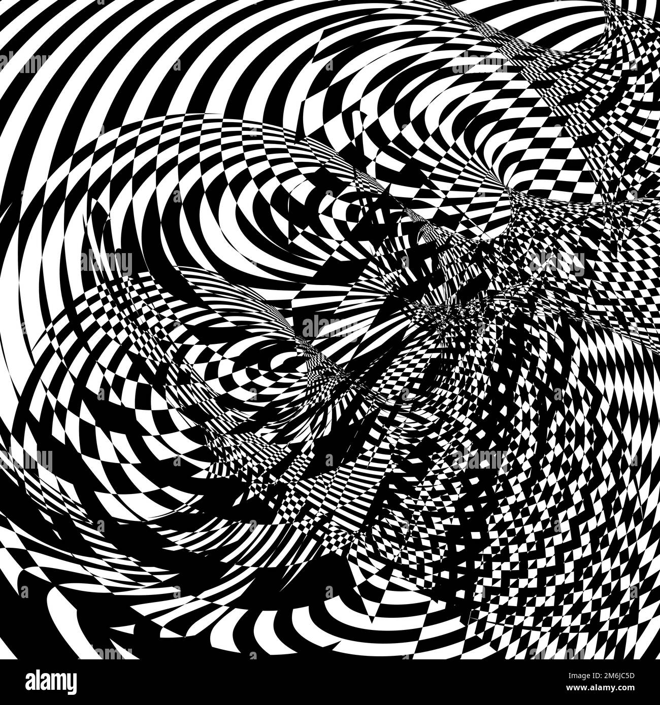 Op art astratto con distorsioni a scacchi. Contrasto in bianco e nero. Illustrazione psichedelica insolita Illustrazione Vettoriale