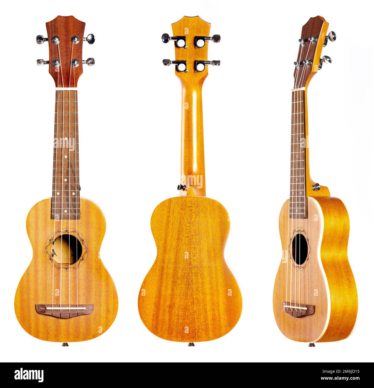 Chitarra marrone ukulele tre viste primo piano Foto Stock