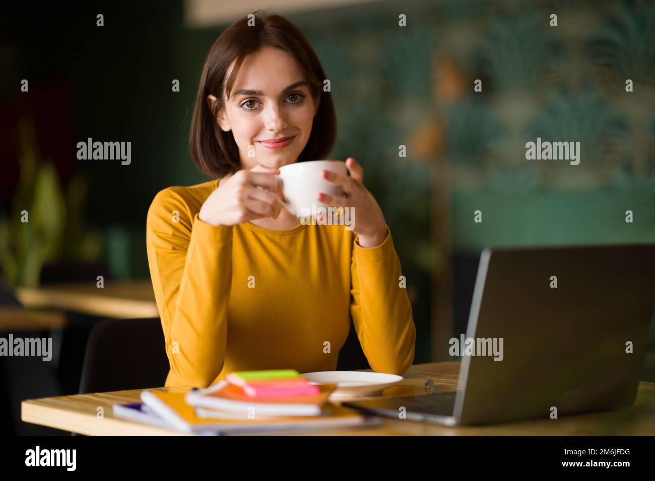 Attraente giovane imprenditrice che lavora al caffè, bere caffè Foto Stock