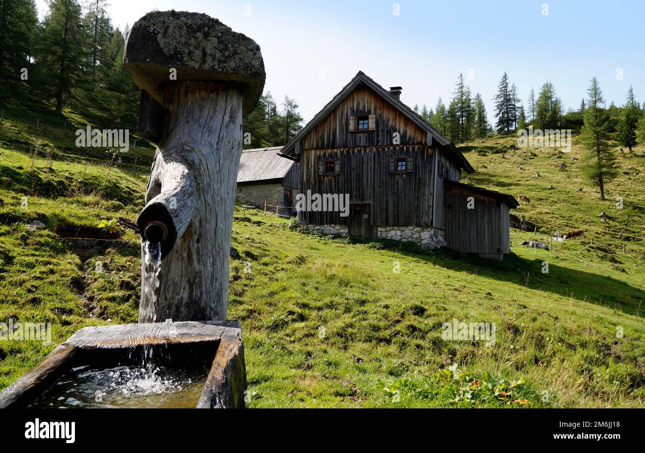 Cabina alpina e un canale d'acqua ai piedi del monte Dachstein, nel villaggio alpino Neustatt Alm, nelle Alpi austriache di Steiermark Foto Stock