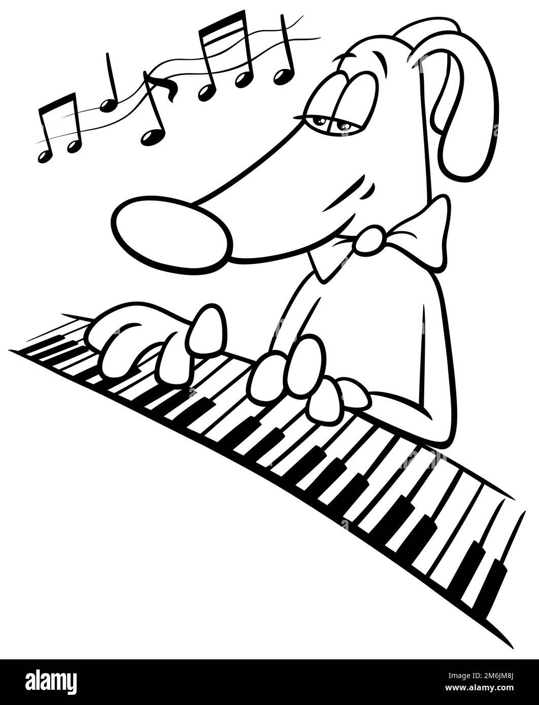 Personaggio animale del cane del cartone animato che suona la pagina di colorazione del pianoforte Foto Stock