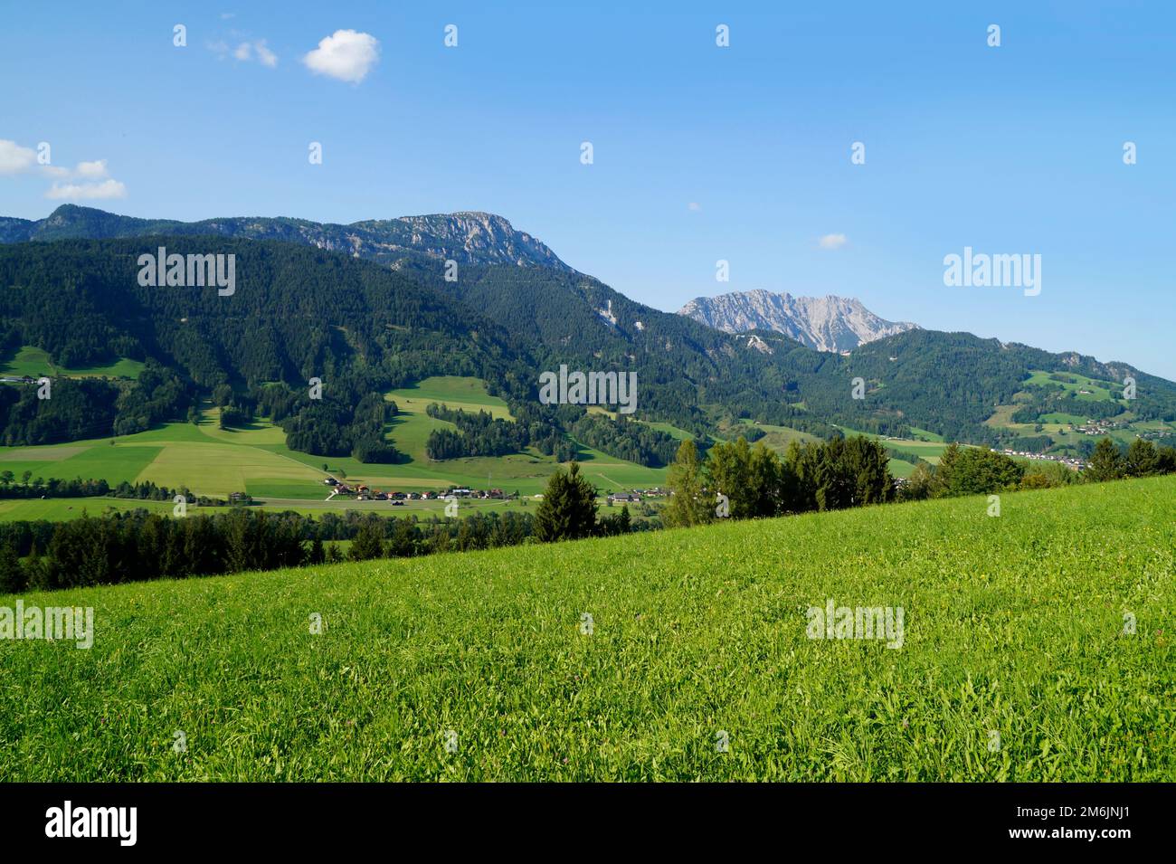 Un bel villaggio alpino nella verde valle alpina delle Alpi austriache della regione di Schladming-Dachstein (Steiermark o Stiria, Austria) Foto Stock
