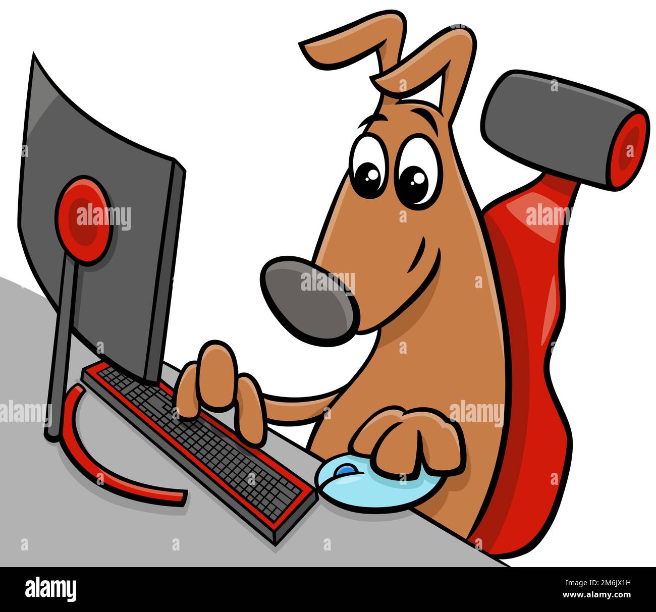 Fumetto cane animale personaggio fumetto con computer Foto Stock