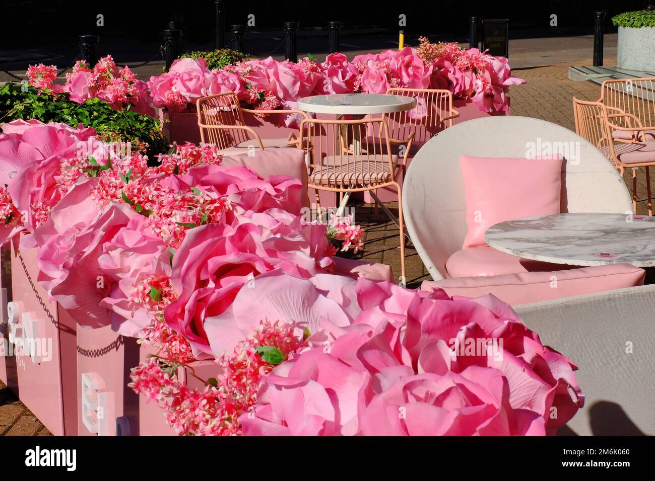 Regina Elisabetta II Platinum Jubilee: Spettacolari decorazioni floreali rosa al caffè EL&N Elan di Lowndes Street, Belgravia, Londra, Inghilterra Foto Stock