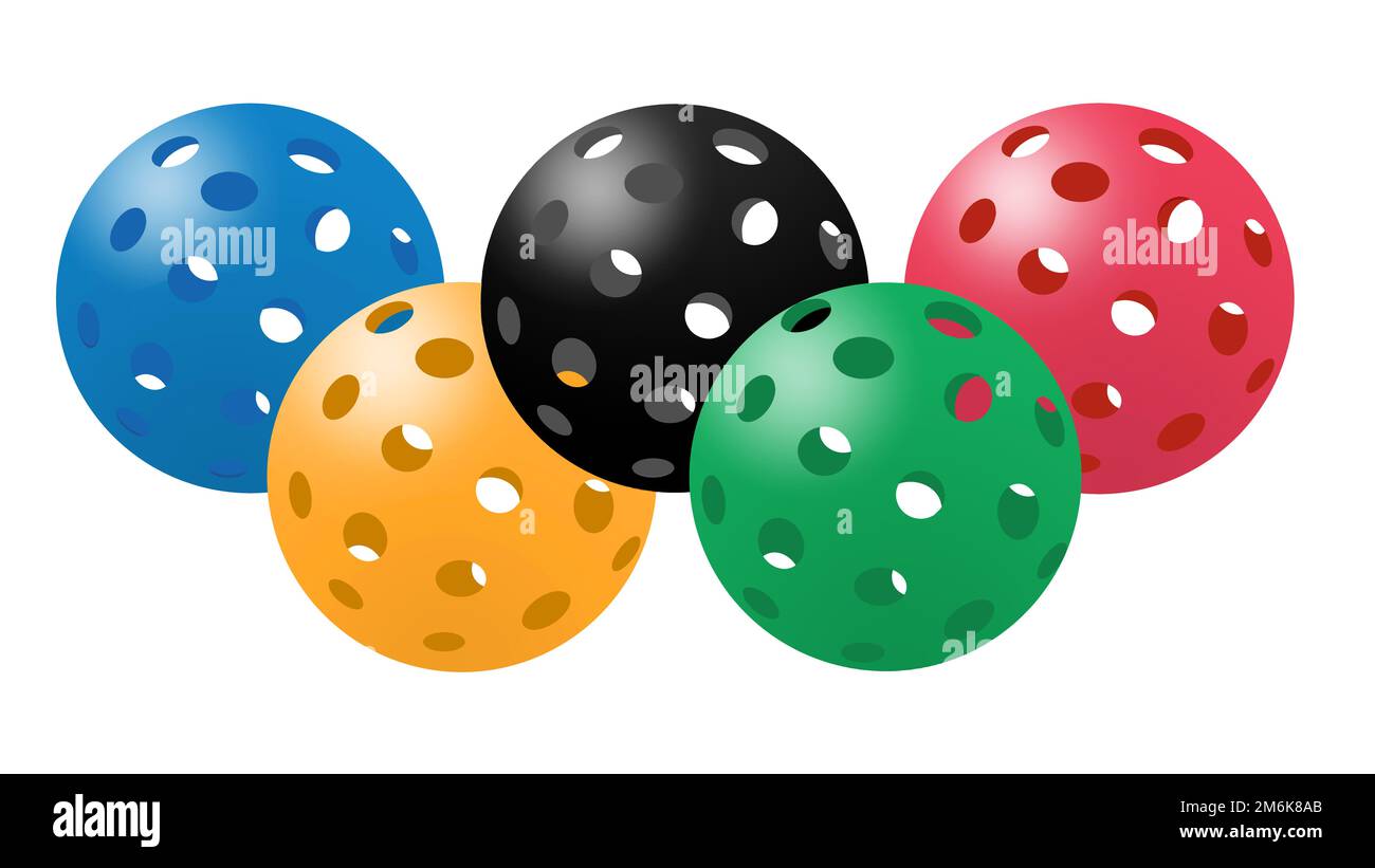 Pickleballs sono visti in colori e posizione che assomigliano al logo dei Giochi Olimpici in questa illustrazione 3-d. Il pickelball olimpico è un gioco da 2028 Foto Stock