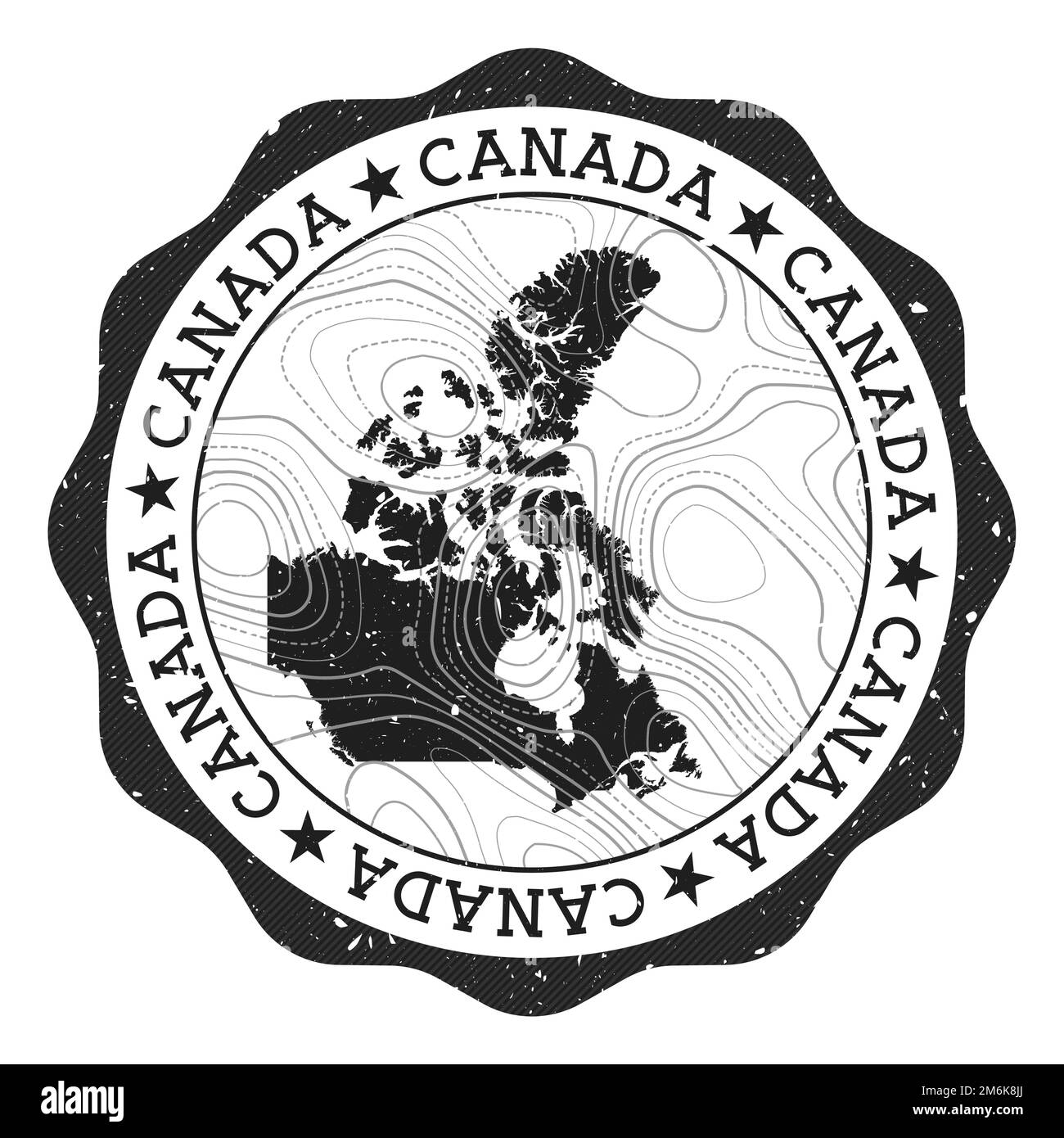 Francobollo all'aperto Canada. Adesivo rotondo con mappa del paese con isoline topografiche. Illustrazione vettoriale. Illustrazione Vettoriale