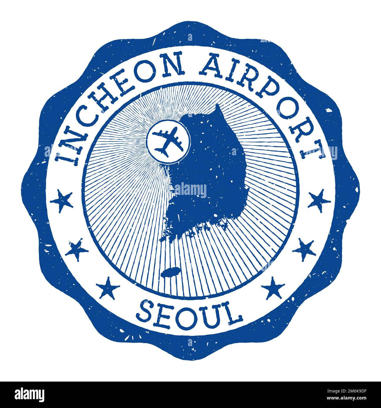 Timbro dell'aeroporto di Incheon Seoul. Logo rotondo dell'aeroporto di Seoul con posizione sulla mappa della Corea del Sud contrassegnata da un aereo. Illustrazione vettoriale. Illustrazione Vettoriale