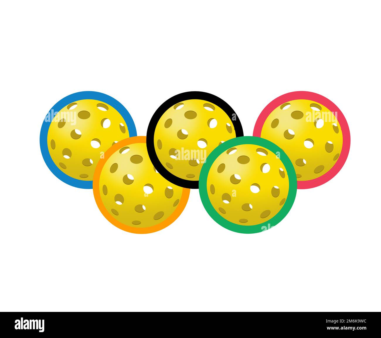 Pickleballs sono visti in colori e posizione che assomigliano al logo dei Giochi Olimpici in questa illustrazione 3-d. La palla di pickle olimpica è una possibiltà per 2028 A. Foto Stock