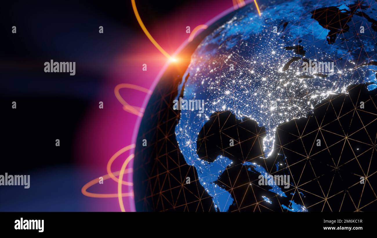 Concetto di globalizzazione e comunicazione. Terra e raggi luminosi. rendering 3d Foto Stock