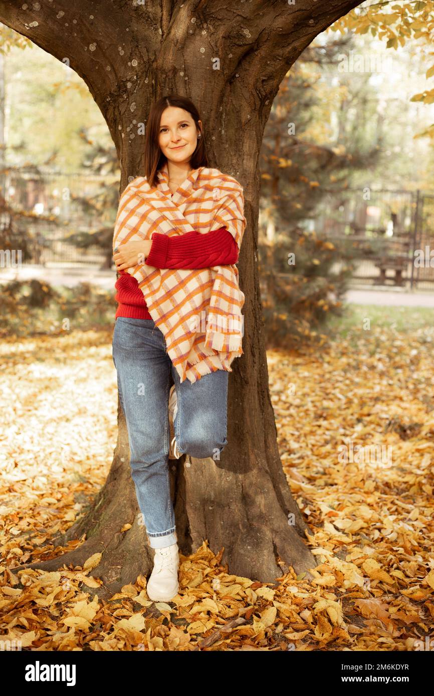 Ritratto di giovane donna bella che si appoggia contro l'albero tra foglie gialle cadute nel parco forestale. Verticale. Autunno. Foto Stock